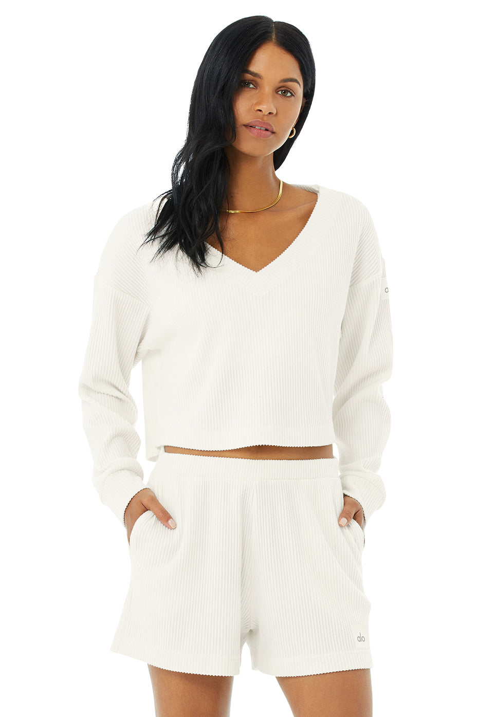 Muse V-Neck Pullover Top in Ivory by Alo Yoga - International Design Forum