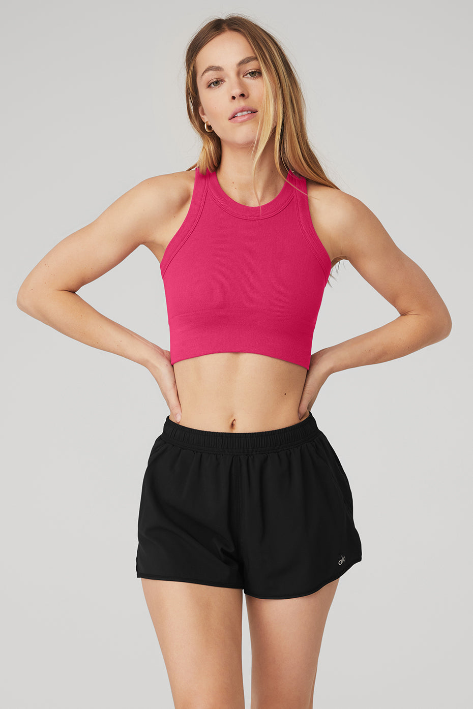 Seamless Delight High Neck Bra Tank Top in Magenta Crush by Alo