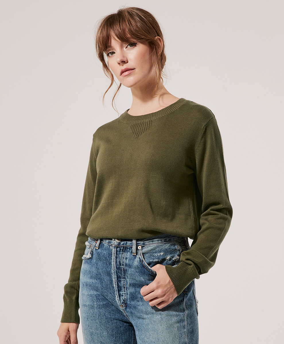 Women's Army Green Soft Lightweight Crew Sweater by Pact Apparel
